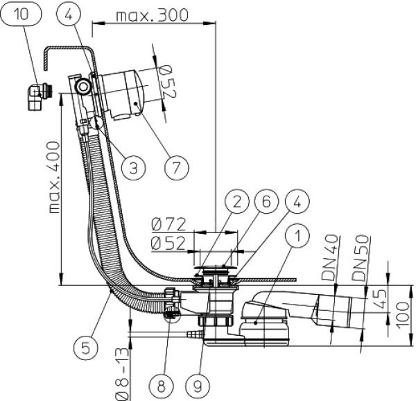 BDW-Ab-, Zu- und Überlaufgarnitur 6/4" mit Kugelgelenksiphon DN50/40 inkl. Schlauchanschluss 8-13mm, Zulauf 3/4", Bowdenzug 60cm und Sichtteilen Edelmessing HL560N.2